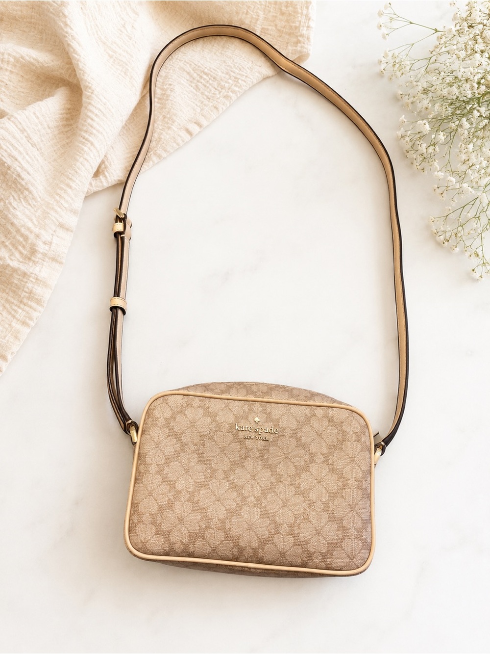 kate spade Beige Signature Monogram Crossbody Bag with Tan Trim